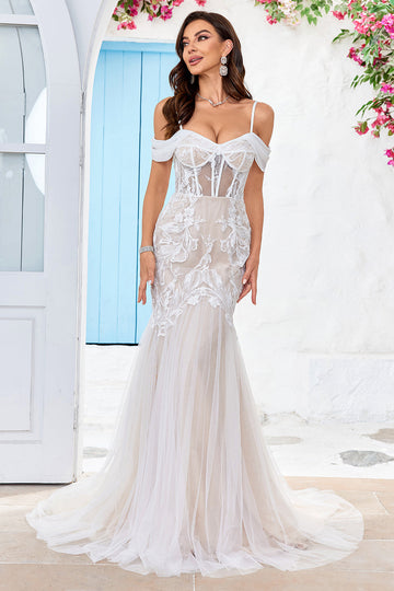 Cold Shoulder Tulle Korsett Havfrue brudekjole med Appliques